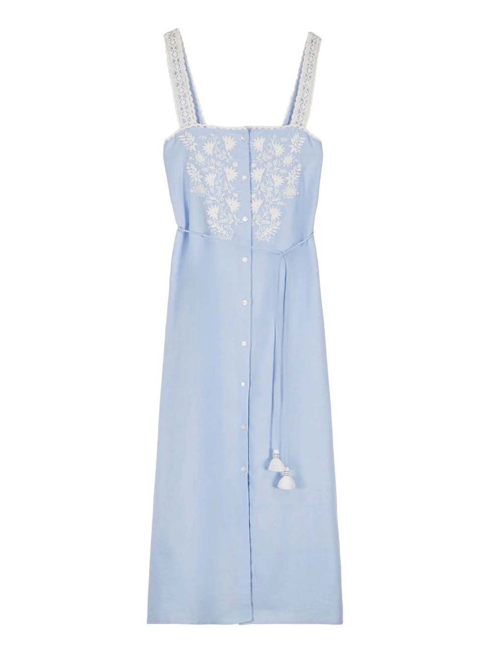 Sleeveless Light Blue Embroidered Maxi Chemise Dress with Tassel Tie